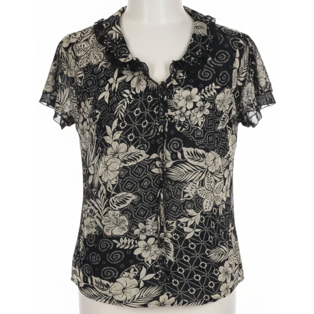 New York City Design Blouse Women Plus 3X Black Beige Floral Short Sleeves Fairy